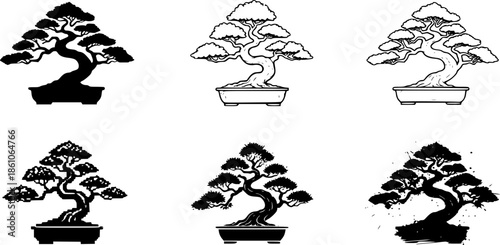 Diverse bonsai tree styles: silhouette, sketch, pixel, and ink variations

