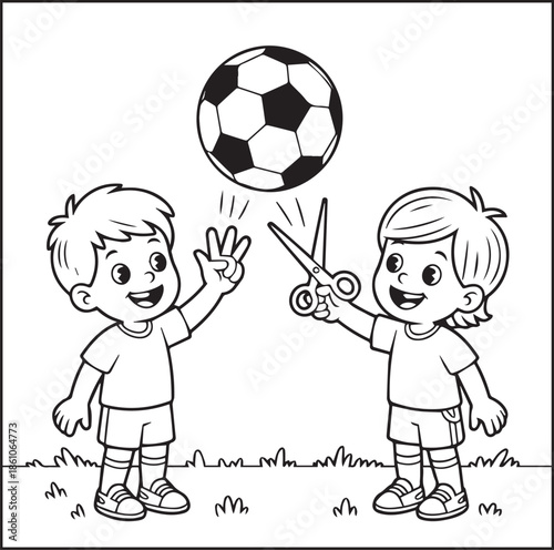 Cute boy and a girl playing soccer in the field black vector line art illustration coloring book design for kids and adults