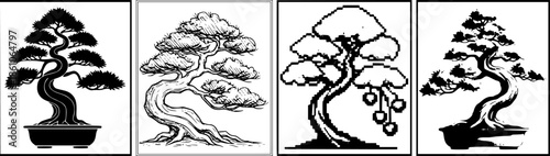 Diverse bonsai tree styles: silhouette, sketch, pixel, and ink variations
