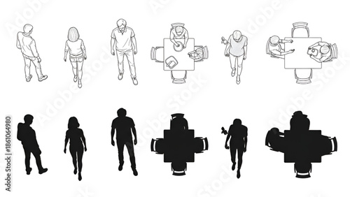 Silhouette People and Pipe Fittings Isolated on White Background