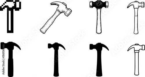 Set of hammer icons in various styles including pixel and sketch
