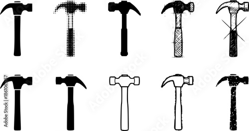 Set of hammer icons in various styles including pixel and sketch
