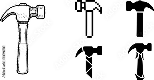 Set of hammer icons in various styles including pixel and sketch
