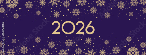 Elegant New Year 2026 background featuring bold golden numerals centered on a deep purple backdrop, adorned with delicate golden snowflakes scattered throughout for a festive, luxurious winter holiday