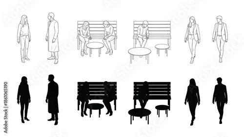 People Standing Near Bench Outdoors in Silhouette Style