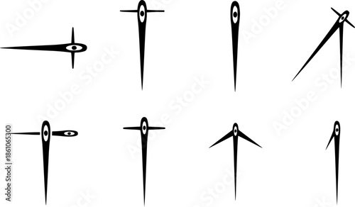 Set of six black needle silhouettes in minimalist style
