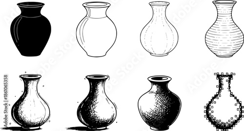 Set of artistic vase icons in diverse styles: silhouette, outline, textured, sketch, pixelated
