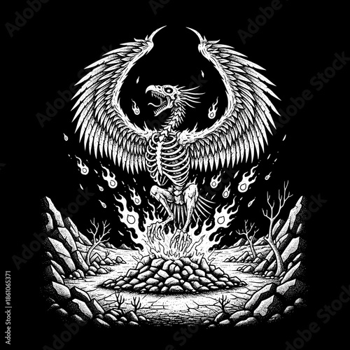 Skeleton Phoenix Rising From Ashes With Fiery Aura.