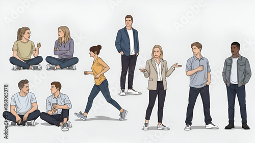 Diverse People Standing Sitting and Walking in Flat Illustration Style