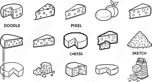 Set of cheese icons in doodle, pixel, and sketch styles for creative design projects
