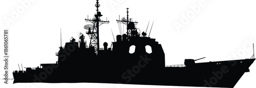 Modern military naval warship silhouette isolated on white background, detailed destroyer battleship with radar antennas, maritime defense illustration vector