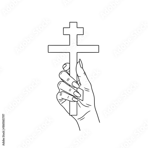 Icon of a beautiful woman's hand holding an Orthodox cross representing religious faith and spirituality