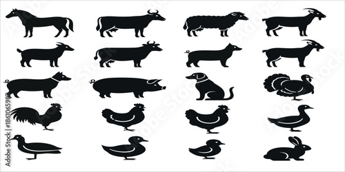 Collection of farm animals and pets in silhouette form on white background
