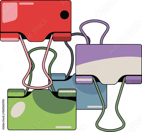 Colorful binder clips for office stationery supply organization document filing paperwork management back to school creative metal paper clamp illustration