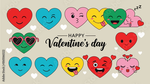A vibrant collection of diverse cartoon hearts featuring a variety of happy and playful facial expressions, celebrating Valentine's Day with cheerful and romantic charm, perfect for holiday themes