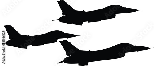 Three military fighter jet silhouettes flying in formation, isolated on white background, modern combat aircraft aviation illustration minimal vector design