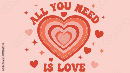 Retro-inspired heart graphic with a groovy concentric design, adorned with stars and smaller hearts, perfect for expressing romantic affection