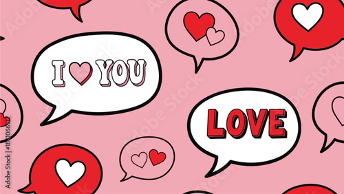 Seamless pattern of romantic speech bubbles with 'I LOVE YOU' text and heart symbols on a pastel pink background, ideal for Valentine's Day designs or expressing affection