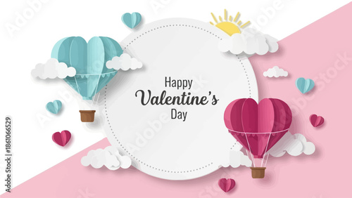 Romantic Valentine's Day Paper Cut Art with Hot Air Balloons and Hearts - A Sweet Celebration of Love