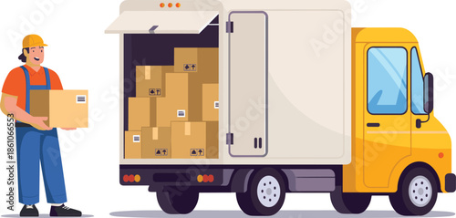 Delivery man carrying cardboard box next to yellow cargo truck full of packages, express shipping and commercial logistics vector illustration.