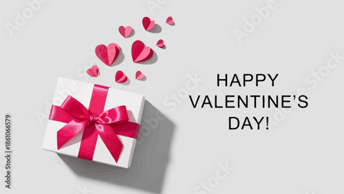 Elegant Valentine's Day gift box with a pink bow and floating paper hearts on a clean background, conveying love and celebration
