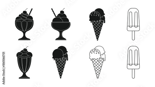 Variety of frozen desserts ice cream sundaes cones and popsicles depicted