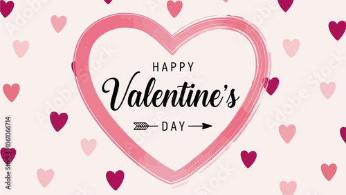 Elegant Valentine's Day graphic with a central brushstroke heart, 'Happy Valentine's Day' text, and a pattern of pink and red hearts on a soft background
