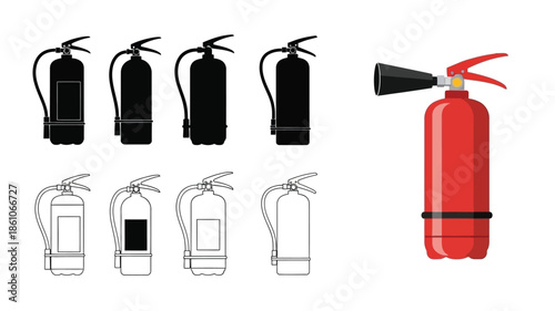Variety of fire extinguishers depicted in different colors and outlines