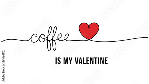 Elegant continuous line art design celebrating a passionate love for coffee, featuring a charming red heart, perfect for Valentine's Day romance