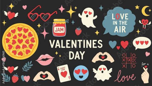 Charming Valentine's Day Sticker Pack A delightful collection of romantic icons, playful ghosts, hearts, love messages, and sweet treats to celebrate affection
