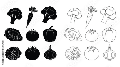 Black and white illustration of various fresh vegetables in a grid layout