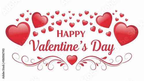Elegant 'Happy Valentine's Day' decorative illustration adorned with numerous hearts and stylish filigree, conveying warmth and romantic sentiment for your loved ones