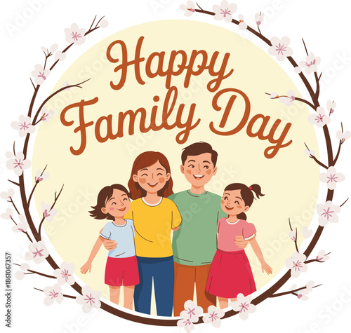 Happy Family Day celebration illustration with parents and children, floral cherry blossom wreath frame, family love and togetherness vector art.