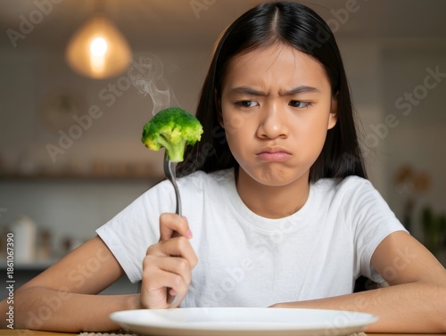 Disgusted Young Girl Reluctantly Holding Broccoli on Fork