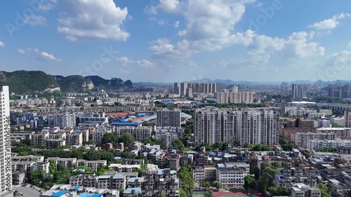 Aerial View of Liuzhou Guangxi Urban Residential Area with Mountains