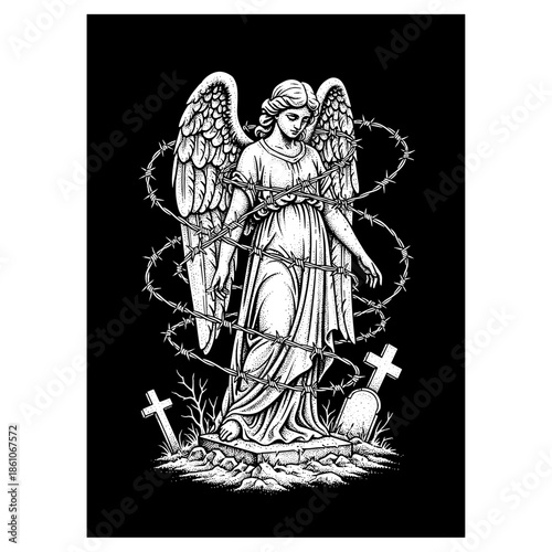 Gothic Angel Statue Surrounded by Barbed Wire.