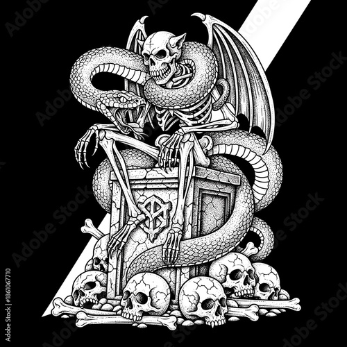 Skeleton Serpent Tomb Skulls Bone Art.
