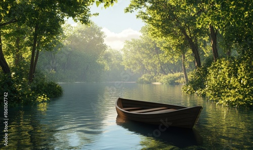 Peaceful riverside view with a small wooden boat floating on calm water, surrounded by lush green trees