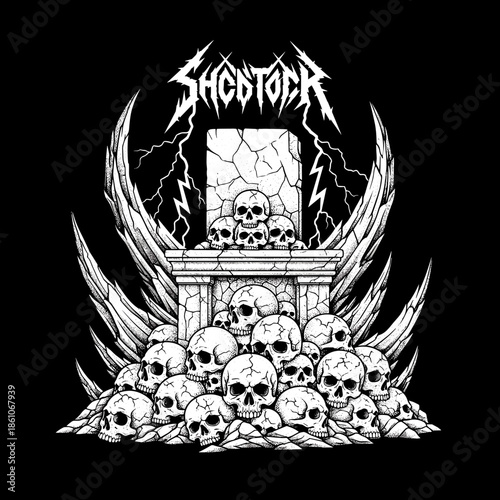 Pile of Skulls on a Pedestal with Wings and Lightning.