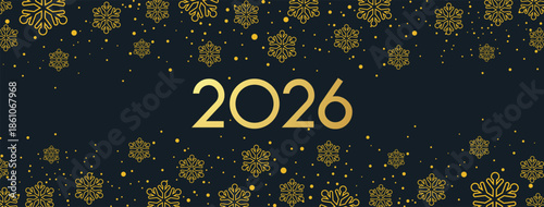 Elegant New Year 2026 background featuring bold golden numerals centered on a grey backdrop, adorned with delicate golden snowflakes scattered throughout for a festive, luxurious winter holiday