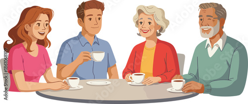 Happy Adult Family Sitting at Table Drinking Coffee and Talking for Intergenerational Connection Socializing Relationship and Togetherness Vector Illustration