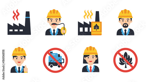 Set of industrial and environmental concept icons featuring factory workers engineers and symbols related to pollution control and sustainable energy practices