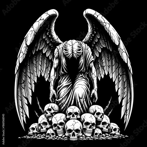 Dark Angel with Wings and Skulls Illustration.