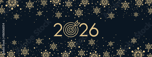 Elegant New Year 2026 background featuring bold golden numerals centered on a deep blue backdrop, adorned with delicate golden snowflakes scattered throughout for a festive, luxurious winter holiday