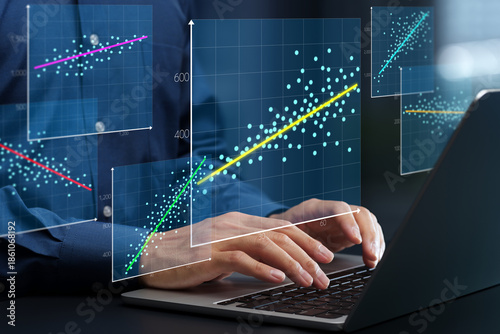 Regression analysis. Linear regression chart. Predicting trends with historical business data. Businessperson using laptop computer to make data-driven decisions.