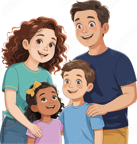 Happy diverse family portrait with smiling parents and children together representing multiracial adoption love togetherness unity and support cartoon vector illustration