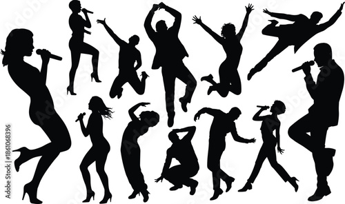 Dancing and singing people silhouettes illustration featuring energetic performers, music concert celebration poses, black vector entertainment collection isolated on white background