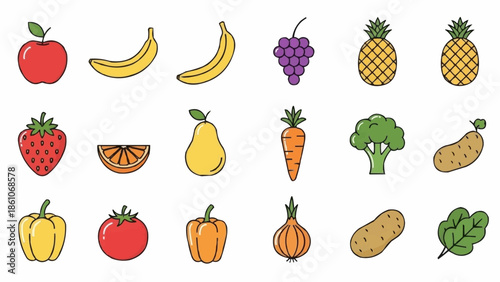 Collection of colorful fresh fruits and vegetables icons.