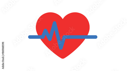 Minimalist red heart icon displaying a vibrant blue electrocardiogram line symbolizing constant life and medical monitoring for health concepts