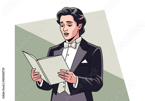Man in tuxedo reads from a book, singing or reciting.